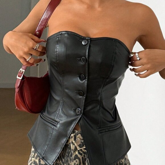 Tops - Black Casual Women's Pu Cropped Tank Top With Single Button